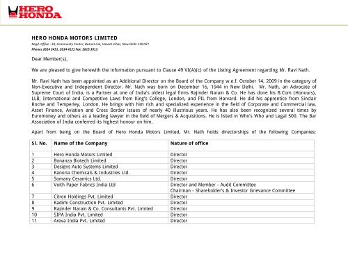 Notice - Mr. Ravi Nath (Clause 49) - Hero MotoCorp