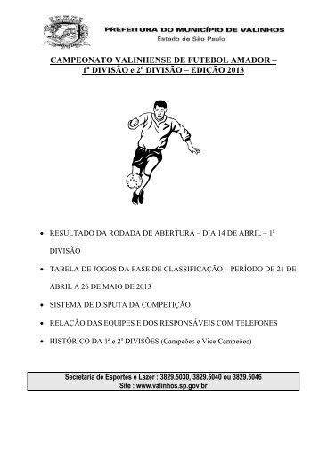 Futebol Amador - 2Âª DivisÃ£o - Tabela de Jogos - Valinhos
