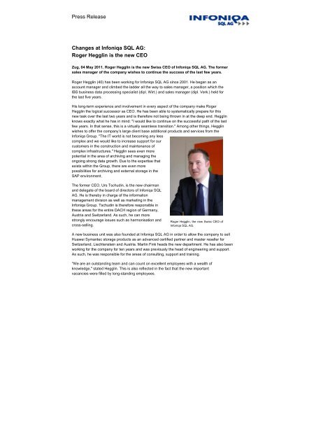 Press Release Changes At Infoniqa Sql Ag Roger Hegglin Is The