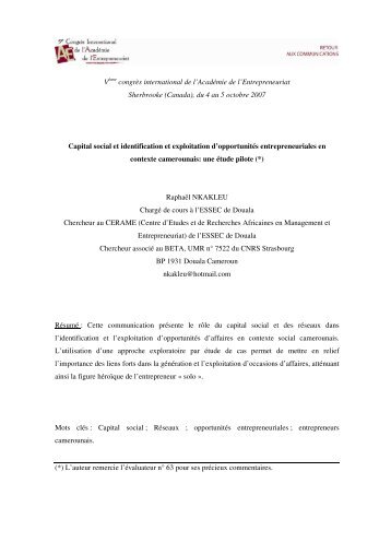 Capital social et identification et exploitation d'opportunitÃ©s ...