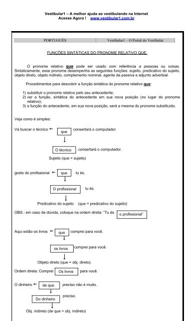 as Funções Sintáticas do Pronome Relativo Que