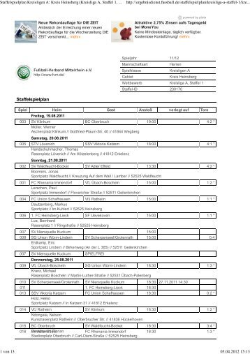 Staffelspielplan Kreisligen A: Kreis Heinsberg (Kreisliga A, Staffel 1 ...