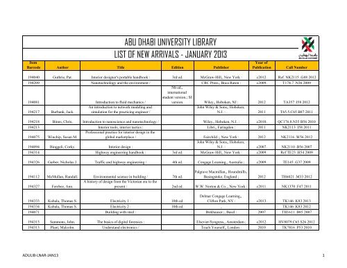 abu dhabi university library list of new arrivals - january 2013