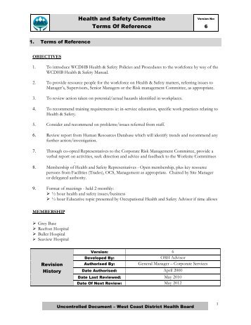 Health and Safety Committee Terms Of Reference - West Coast ...