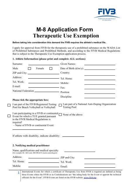 M-8 Application Form Therapeutic Use Exemption - FIVB