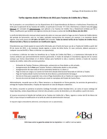 Estructura Comisiones de Tarjetas de CrÃ©dito Bci y TBanc a partir ...