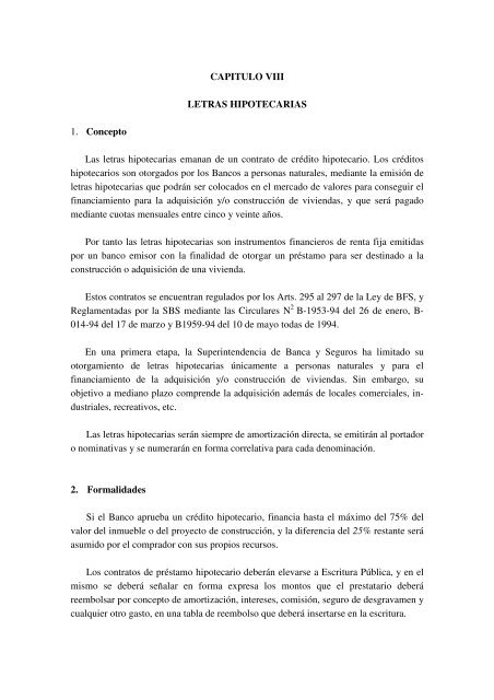 CAPITULO VIII LETRAS HIPOTECARIAS 1. Concepto Las letras ...