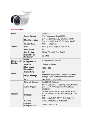 Specifications: Model CMIP8212 Camera Image ... - CCTV Direct