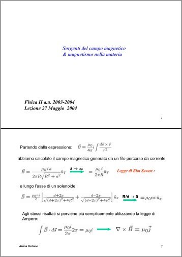 Fisica II a.a. 2003-2004 Lezione 27 Maggio 2004 Sorgenti del ...