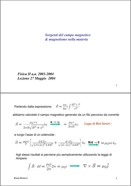 Fisica II a.a. 2003-2004 Lezione 27 Maggio 2004 Sorgenti del ...