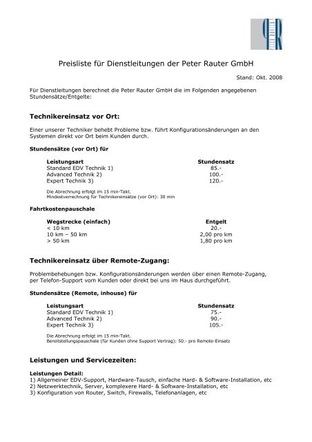 Preisliste fÃ¼r Dienstleitungen der Peter Rauter GmbH - PR-Link