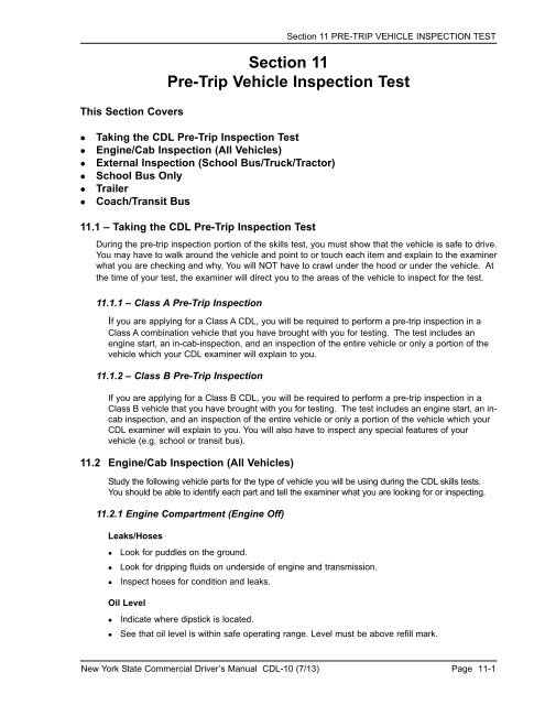 Section 11 PRE-TRIP VEHICLE INSPECTION TEST - DMV - New ...