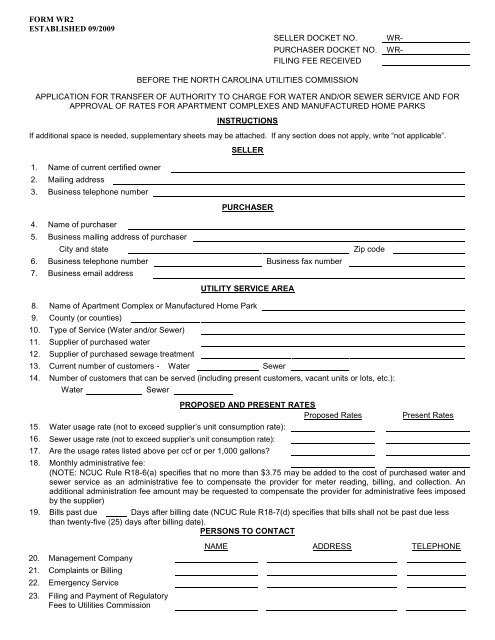 Form WR2 - North Carolina Utilities Commission - Department of ...