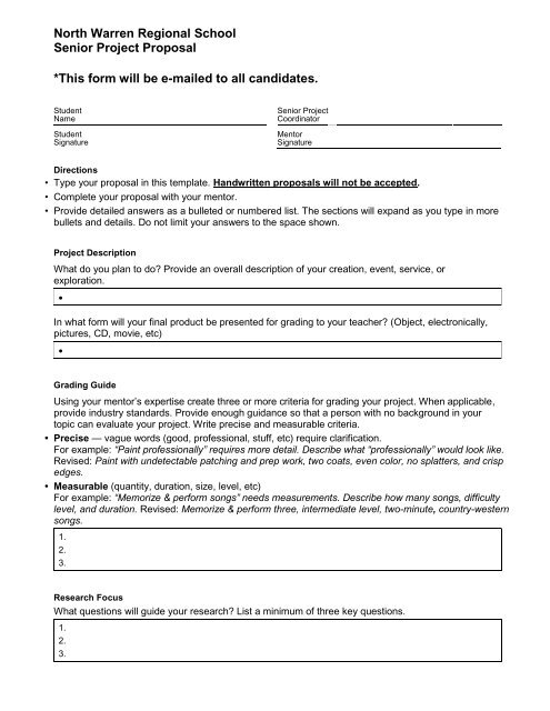 Senior Project Proposal Form - North Warren Regional School District