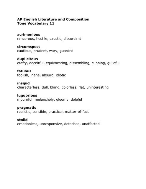 AP English Literature and Composition Tone Vocabulary 11 ...