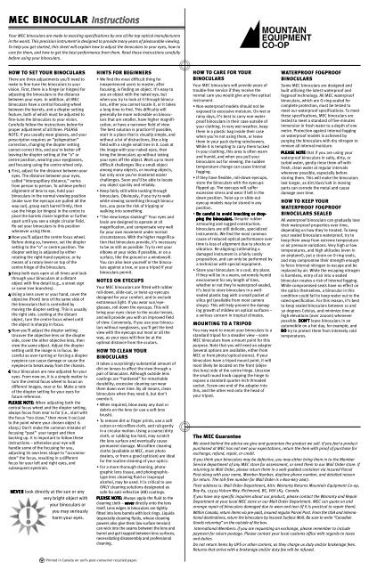 MEC BINOCULAR Instructions