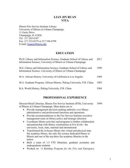 LIAN JIN RUAN Resume - Illinois Fire Service Institute - University of ...