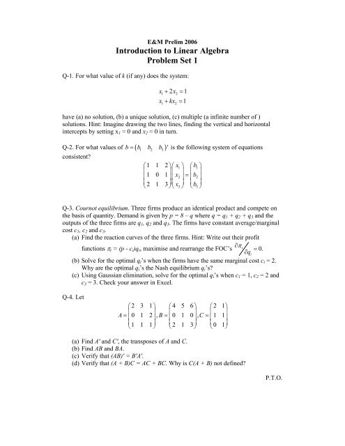 Introduction to Linear Algebra Problem Set 1 ( )