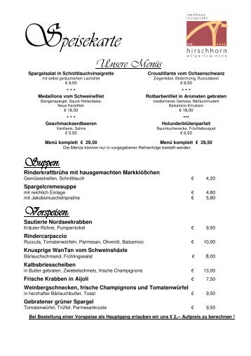 Speisekarte - Landhaus Restaurant "Am Hirschhorn"