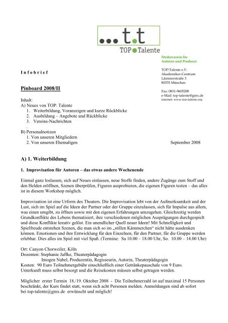 Pinboard II im Jahr 2008 - kor als Mail - TOP:Talente