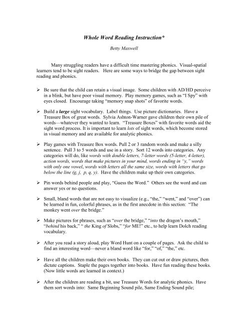 Whole word reading instruction the gifted development center