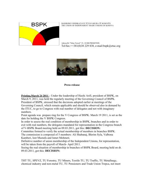 Tel/fax:++381(0)38 229 838, e-mail:bspk@etuc.org Press ... - Bspk.org