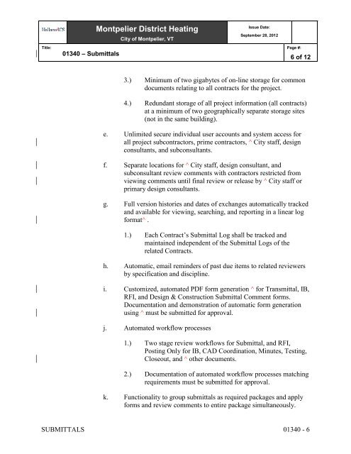 Specifications - City of Montpelier, Vermont