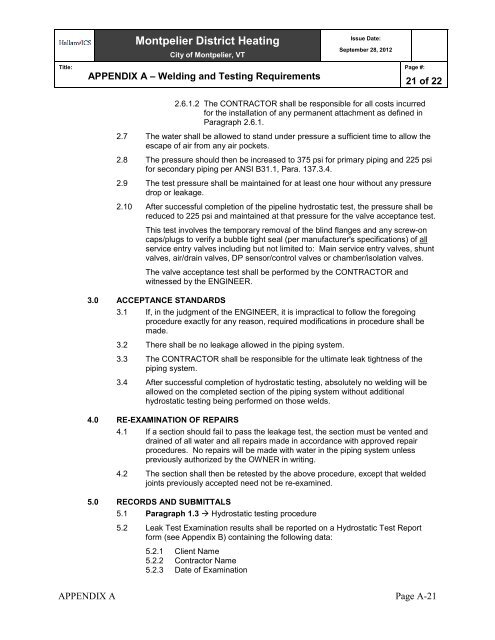 Specifications - City of Montpelier, Vermont