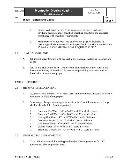 Specifications - City of Montpelier, Vermont