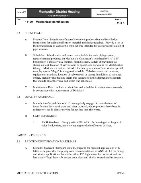 Specifications - City of Montpelier, Vermont