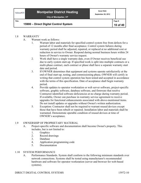 Specifications - City of Montpelier, Vermont