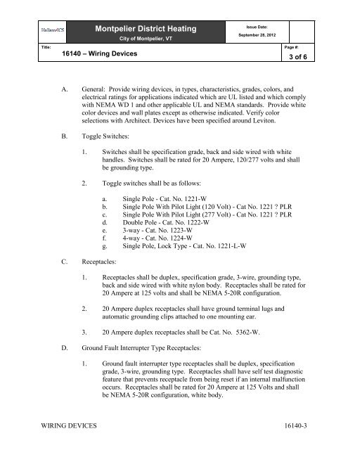 Specifications - City of Montpelier, Vermont