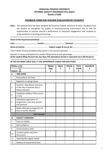 Draft Feedback Form for Teacher Evaluation by Students - Himachal ...