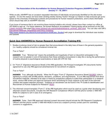 1/16/2007 Quick Quiz ANSWERS for Human Research Accreditation ...