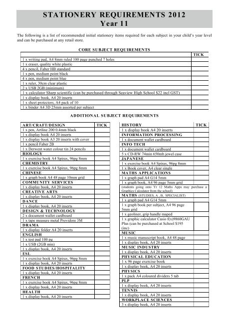 STATIONERY REQUIREMENTS 2012 Year 11 - Seaview High School