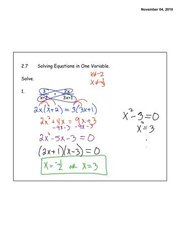 2.7 Solving Equations in One Variable. Solve. 1. 3 2x x+2 3x+1 =