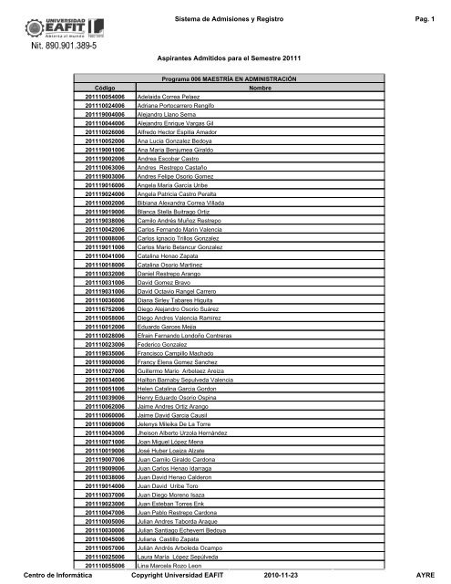 admitidos posgrado para el semestre 2011 1 Universidad EAFIT