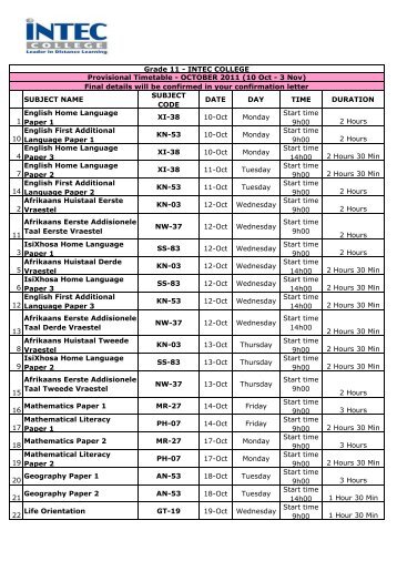 SUBJECT NAME SUBJECT CODE DATE DAY ... - INTEC College