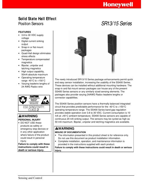 SR13/15 Series - Sensors Tecnics, Honeywell