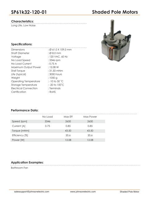 Shaded Pole Motors SP61k32-120-01 - Johnson Electric