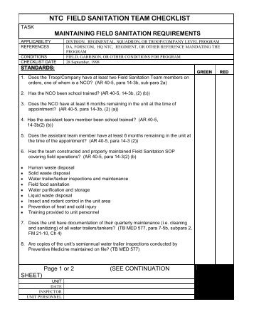 NTC FIELD SANITATION TEAM CHECKLIST