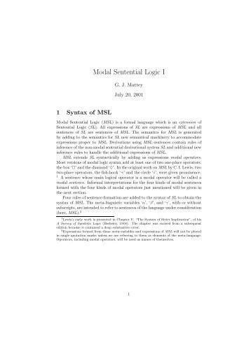 Modal Sentential Logic I