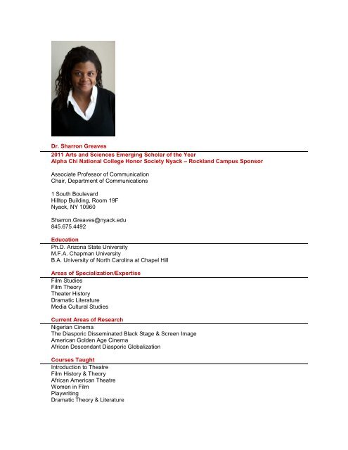 Dr. Sharron Greaves 2011 Arts and Sciences ... - Nyack College
