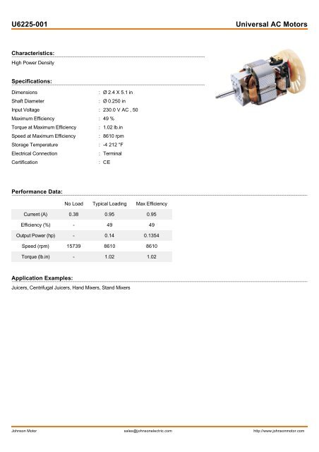 U6225-001 Universal AC Motors - Johnson Electric