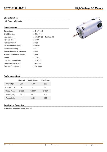 DC781(2)XLLG-011 High Voltage DC Motors - Johnson Electric