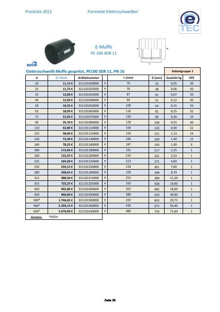 PE Preisliste 2012 Rohre Formteile Verbindungstechnik