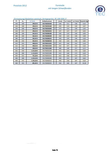 PE Preisliste 2012 Rohre Formteile Verbindungstechnik