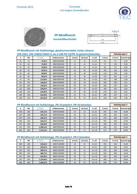 PE Preisliste 2012 Rohre Formteile Verbindungstechnik