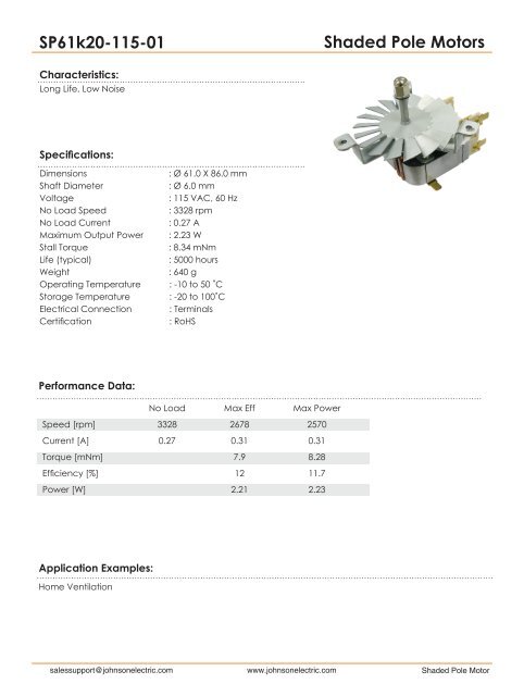 Shaded Pole Motors SP61k20-115-01 - Johnson Electric