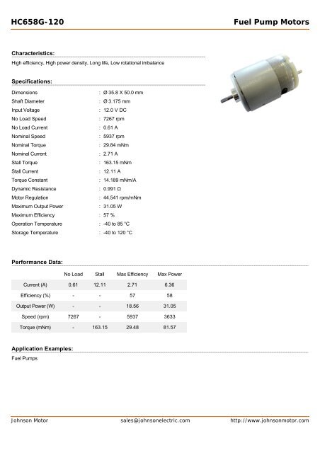 HC658G-120 Fuel Pump Motors - Johnson Electric